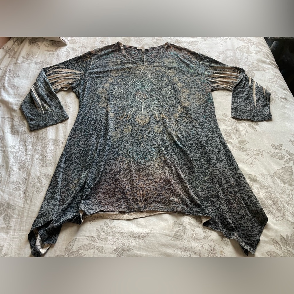 Jess & Jane Embellished Burnout Multicolor Tunic‎ Top 1X Asymmetric Lagenlook